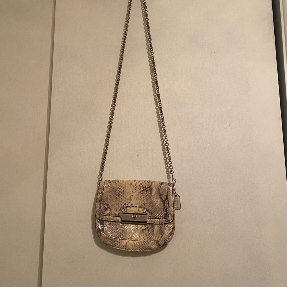 Coach Kristin Small Snakeskin Crossbody Bag in Tan and Cream Embossed Clutch Bag